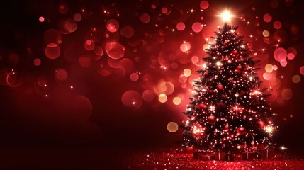 Wall Mural - A glowing Christmas tree with sparkling lights and ornaments against a festive red background with bokeh effects.