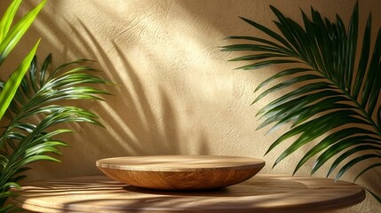 Poster - Wooden platform with tropical leaves and sunlight.