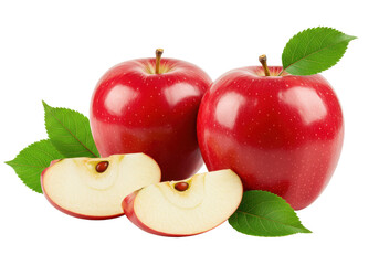 Poster - Ripe red apple fruits with apple slice and apple green leaves isolated on white background, no depth of field, sharp.