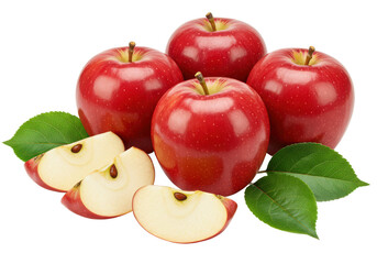 Poster - Ripe red apple fruits with apple slice and apple green leaves isolated on white background, no depth of field, sharp.