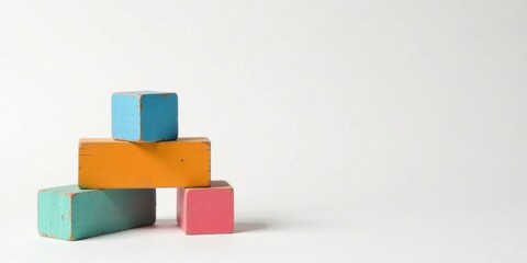 Poster - Pastel Wooden Blocks Arranged in a Simple Stack Against a White Background