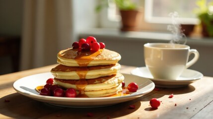 Poster - A Stack of Buttery Pancakes Topped with Berries and Syrup Served with a Warm Beverage