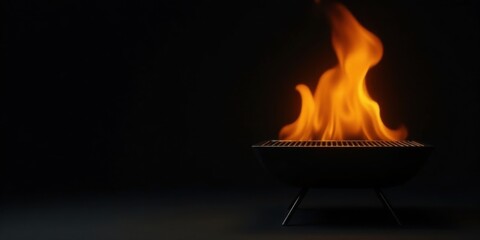 Poster - Fiery Flames Dancing Above a Small Metal Grill on a Dark Background