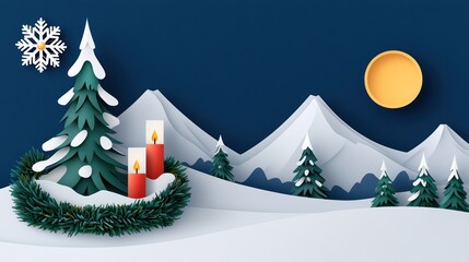 Wall Mural - Winter Scene with Paper Cut Trees, Snow, and Decorative Candles