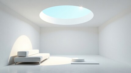 Poster - Minimalist White Room Interior Design with Circular Skylight and Modern Sofa
