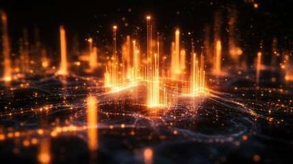 Poster - 3D-rendered financial chart with luminous candlesticks, surrounded by dynamic data streams on a black backdrop. Concept of trading technology.