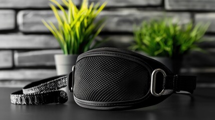 A breathable mesh muzzle set on a black table with a small plant and a leash for added detail