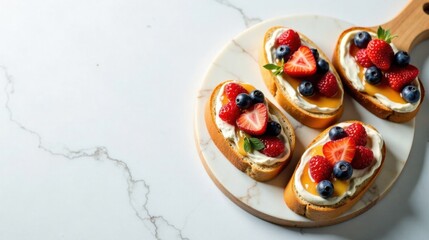 Poster - Sweet Cream Cheese Toasts with Berries and Honey Drizzle on Marble Board