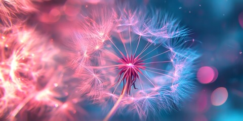 Leinwandbilder - Vibrant fantasy dandelion featuring pink and blue neon colors, serving as an abstract modern design element. This trendy, futuristic design background highlights the beauty of fantasy dandelion.