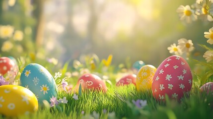 Bright Easter festival with scattered eggs and cheerful spring vibes