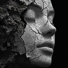 Sticker - Cracked Face: A Monochromatic Portrait of Distress