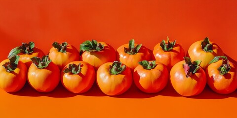 Wall Mural - Persimmons displayed against a vibrant orange background create a striking visual of fruits. The rich colors of fruits like persimmons enhance the overall appeal of this composition.