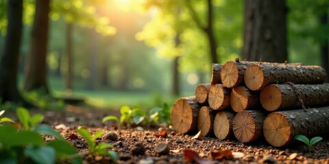 Poster - Stack of Logs in a Forest at Sunrise