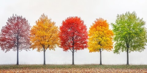 Wall Mural - A collection of trees showcasing their vibrant autumn dress, highlighting the beautiful transformation of trees during the autumn season, where each tree tells a unique autumn story.