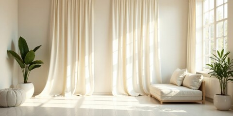 Poster - Serene Minimalist Living Room with Sunlight Streaming Through Sheer Curtains and Comfortable Seating