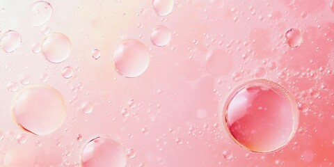 Leinwandbilder - Oil with bubbles creates an intriguing visual on a light pink coral monochrome background. This abstract space background showcases macro details of oil drops and air bubbles in water, emphasizing
