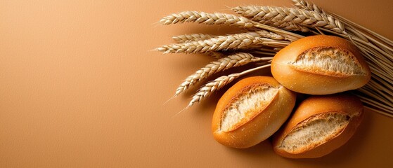 fresh bread and wheat on a brown background