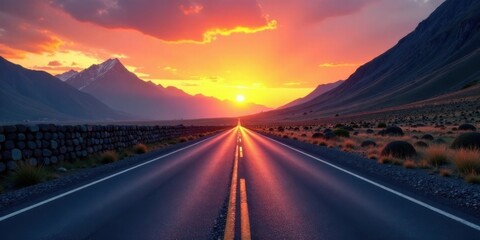 Poster - Serene Sunset Over Mountain Range with Asphalt Road