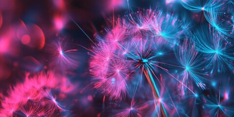 Poster - Vibrant fantasy dandelion featuring pink and blue neon colors, serving as an abstract modern design element. This trendy, futuristic design background highlights the beauty of fantasy dandelion.