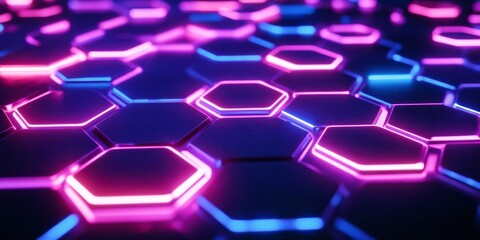 Leinwandbilder - Bright hexagonal neon lights set against a deep, dark backdrop create a striking visual contrast that captures attention.