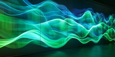 Leinwandbilder - A backdrop featuring abstract waves of green and blue light creates a visually striking scene characterized by dynamic movement and vibrant hues of green and blue.