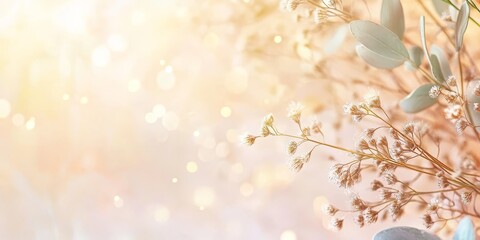Leinwandbilder - A soft pastel backdrop featuring sunbursts and bokeh highlights. The design is minimalistic, providing plenty of space for text. This is seen from a flat lay angle.
