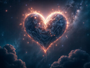 Poster - heart shaped planet against the backdrop of the universe . Generative AI