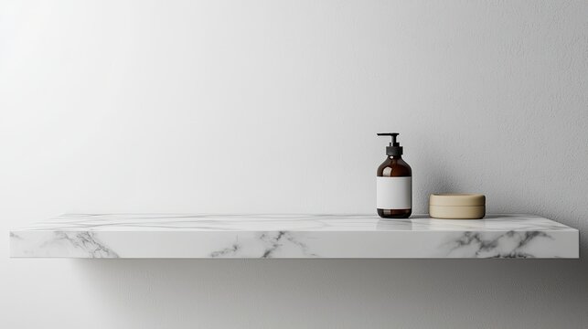 A marble shelf with a blank wall mockup for product presentation, set against a white background. The counter features bathroom accessories and a soap bottle