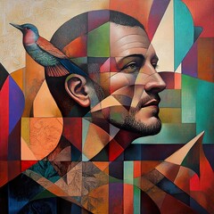 Wall Mural - Geometric Portrait with Bird: Abstract Cubism Painting