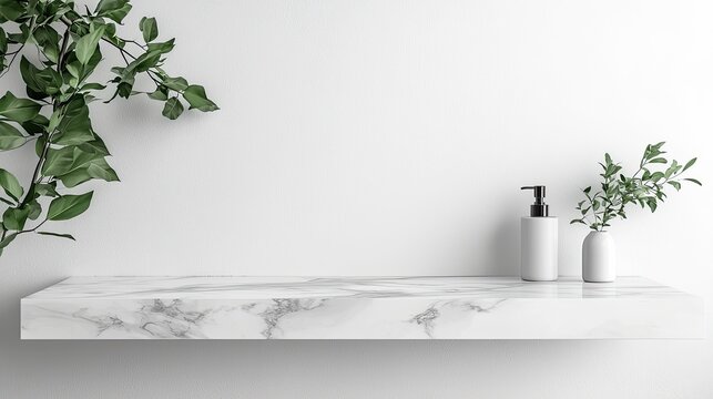 A marble shelf with a blank wall mockup for product presentation, set against a white background. The counter features bathroom accessories and a soap bottle