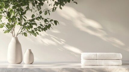 Wall Mural - A white marble table with a stack of towels and a ceramic vase on an empty wall background, a mockup for product display presentation