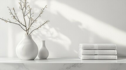 A white marble table with a stack of towels and a ceramic vase on an empty wall background, a mockup for product display presentation