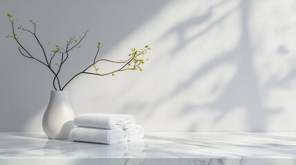 Wall Mural - A white marble table with a stack of towels and a ceramic vase on an empty wall background, a mockup for product display presentation