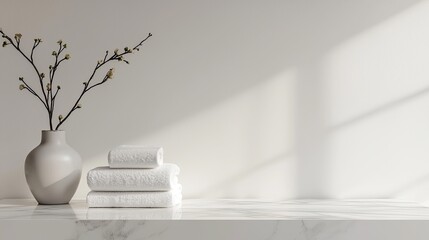 A white marble table with a stack of towels and a ceramic vase on an empty wall background, a mockup for product display presentation