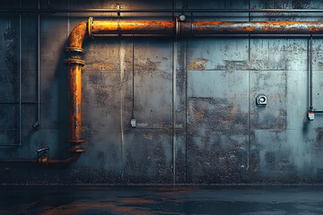 Wall Mural - stock photo features a grungy industrial pipe wall in a dark concrete garage room, creating a modern background scene with a generative industrial feel