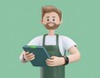 © imaginart - 3D illustration smiling man with a beard in a green apron reviews his clipboard
