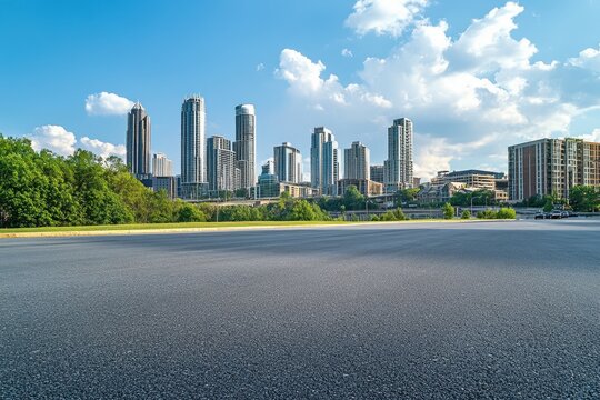 Asphalt road, city skyline, park, summer, urban landscape, transportation, background, advertising