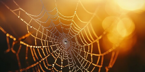 close up of a spider web adorned with water drops in the early morning light, showcasing the intrica