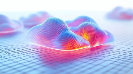 Poster - Abstract 3D-rendered cloud icon with glowing digital patterns, set against a white grid background. Concept of cloud computing technology.
