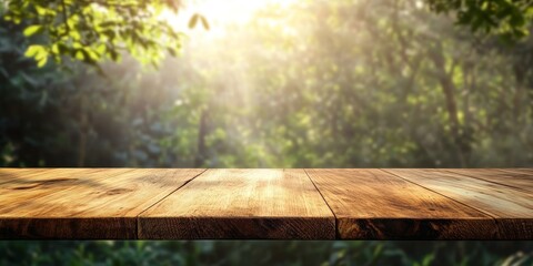 Poster - Empty wooden tabletop paired with a blurred natural background creates an ideal setting for showcasing your products, providing the perfect opportunity for product display and montage.