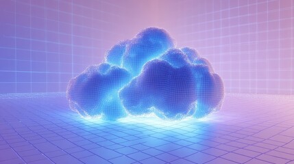 Poster - Abstract 3D-rendered cloud icon with glowing digital patterns, set against a white grid background. Concept of cloud computing technology.