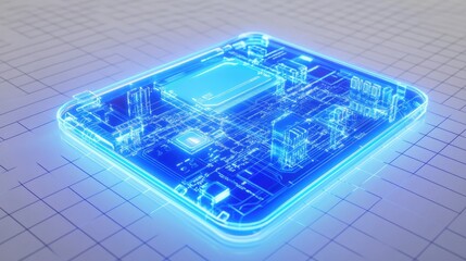 Poster - Abstract blue computer hologram with intricate circuits and glowing details on a clean white grid background. Virtual interface concept.