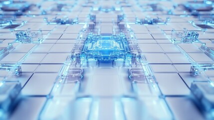 Poster - Abstract blue computer hologram with intricate circuits and glowing details on a clean white grid background. Virtual interface concept.