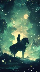 Wall Mural - Ethereal Night Rider: A Mystical Journey Through an Enchanted Forest