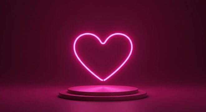 A glowing pink neon heart shape floating above a modern podium in a dark magenta minimalist space