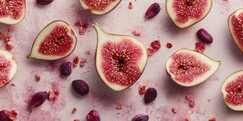 Ripe and healthy red delicious fig pulp with seeds showcases the natural beauty of ripe figs cut into several parts, highlighting the vibrant essence of these nutritious fruits.