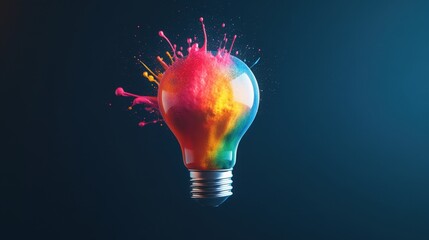 Poster - A vibrant light bulb splashes colorful liquid, symbolizing creativity and innovation against a dark background.