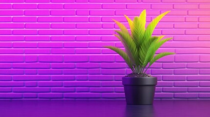 Wall Mural - A vibrant potted plant against a striking purple and orange brick wall, creating a modern aesthetic for interior decor