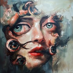 Wall Mural - Surreal Woman's Face with Eyes: A Psychological Painting