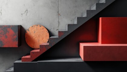 Poster - Abstract geometric composition with concrete and red shapes